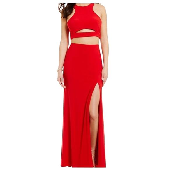 La Femme Red Jersey Cutout Racerback Slit Maxi Dress Size 2 Gown - Picture 4 of 7